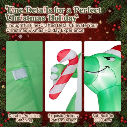 Green 12FT Christmas Inflatable Dinosaur with Santa Hat - Outdoor Holiday Decor