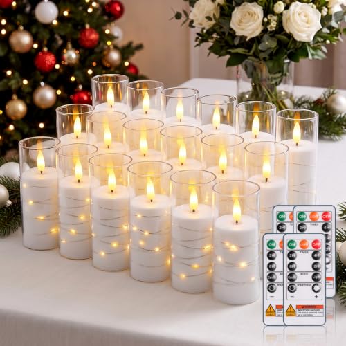 Raycare 18 Pcs Flameless Battery Operated Pillar Candles with Remote Timer - White