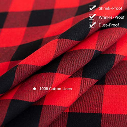 Red & Black Buffalo Check Christmas Round Tablecloth 60 Inch Cotton Linen