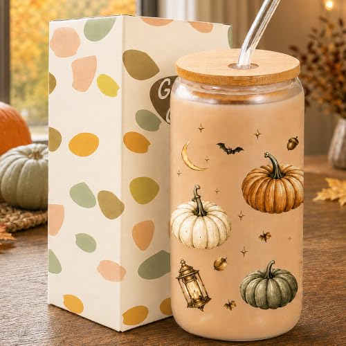 Fall Pumpkin Glass Cup with Lid & Straw - Halloween Gift for Women & Teens