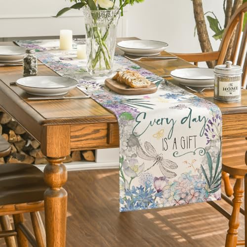 Seasonal Dragonfly Hydrangea Table Runner 13x72 Inch - Summer Home Decor