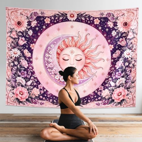 Purple & Pink Boho Sun and Moon Tapestry Wall Hanging 60x44 Inches - Bedroom Decor