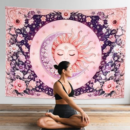 Purple & Pink Boho Sun and Moon Tapestry Wall Hanging 60x44 Inches - Bedroom Decor