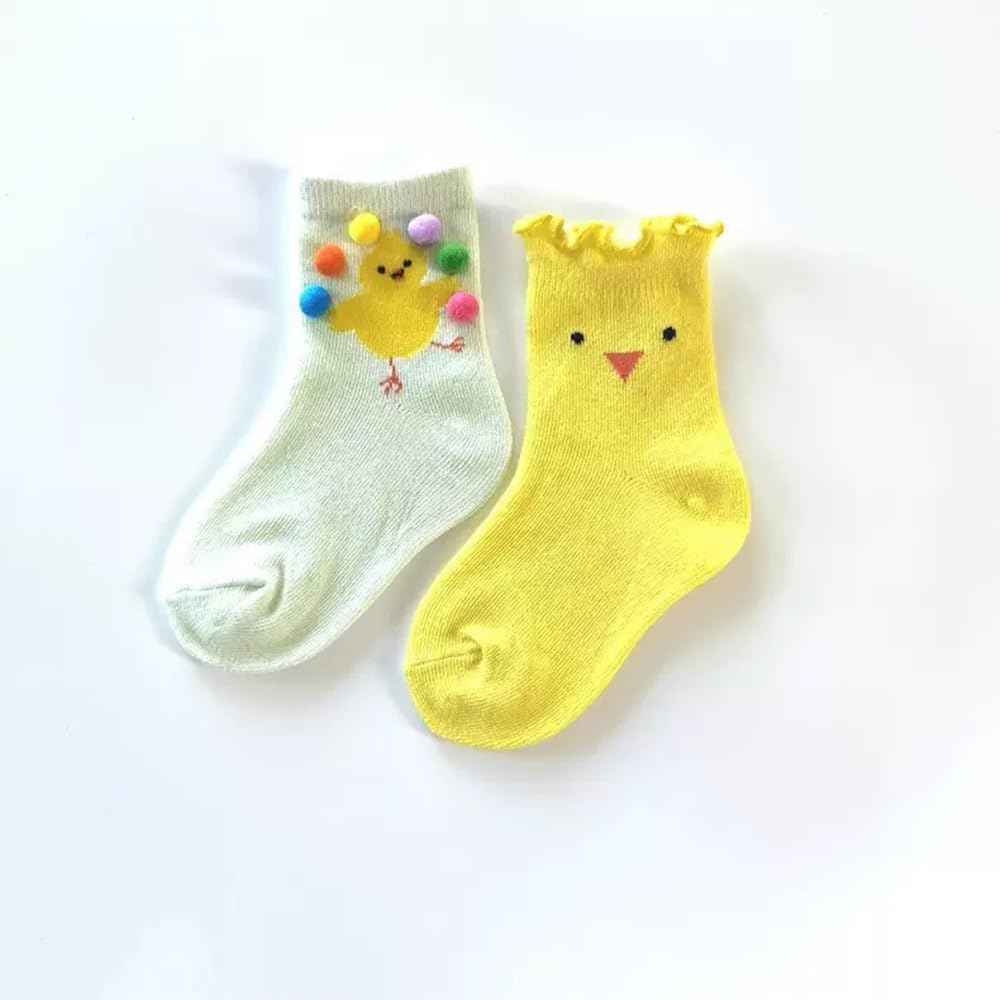 Skiennix Girls' Cozy Cotton Crew Socks - Fun Ruffle Design in Yellow Chick for Ages 3-8 Years