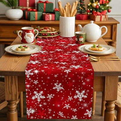 Red Christmas Table Runner 13x72 Inches Snowflake Holiday Decor - Farmhouse Style