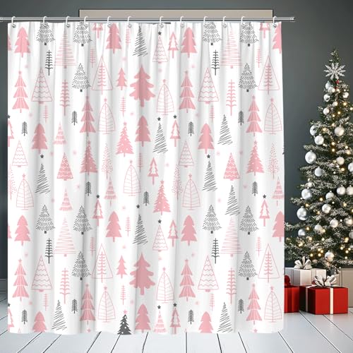 Pink Gray Christmas Tree Shower Curtain 70x70 Inch with Hooks - Festive Holiday Bathroom Decor