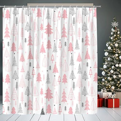 Pink Gray Christmas Tree Shower Curtain 70x70 Inch with Hooks - Festive Holiday Bathroom Decor
