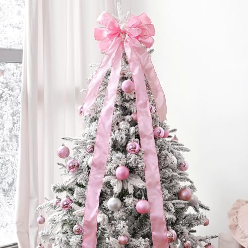 Pink Christmas Tree Topper Bow with Long Streamers - Large Holiday Decoration