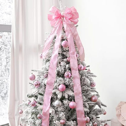Pink Christmas Tree Topper Bow with Long Streamers - Large Holiday Decoration