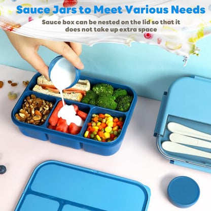 danliar Bento Box for Kids 44oz 4-Compartment Bento Box Adult Lunch Box with 2 Dressing Containers, Leakproof Lunch Containers, Built-in Utensil Set, Ideal for School & On-the-Go, BPA-Free (Blue)