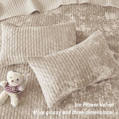 Velvet Queen Size Quilt Set 90x98 Inches Bedding with 2 Pillowcases Beige
