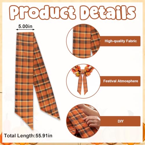 Fall Wreath Sash for Front Door - Style3, Red Orange Plaid, 5x55.9in