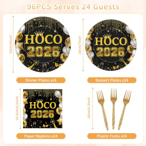 Black Gold HOCO 2026 Homecoming Decorations 96-Piece Party Set for 24 Guests