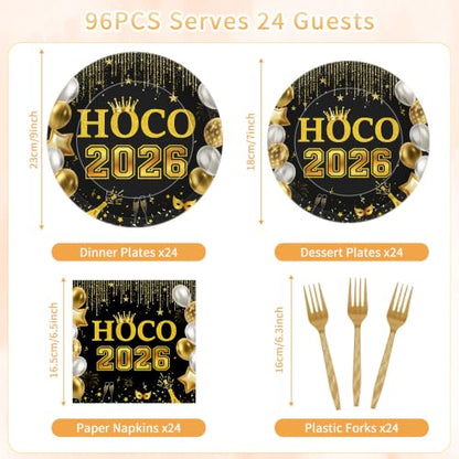 Black Gold HOCO 2026 Homecoming Decorations 96-Piece Party Set for 24 Guests