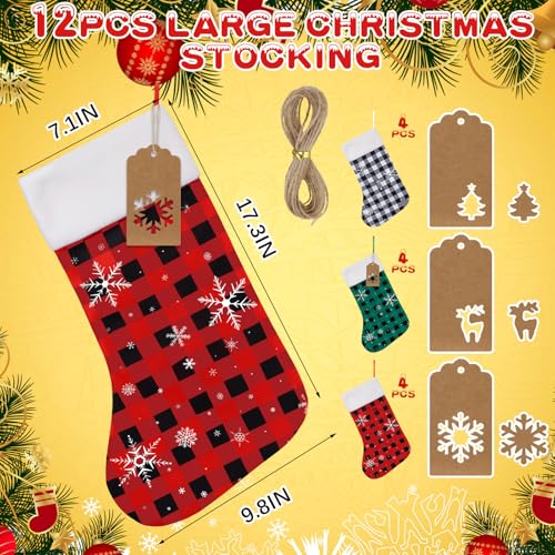 Christmas Stockings Bulk Set - Green, Red, White, 12 Pack, Cute Holiday Decor