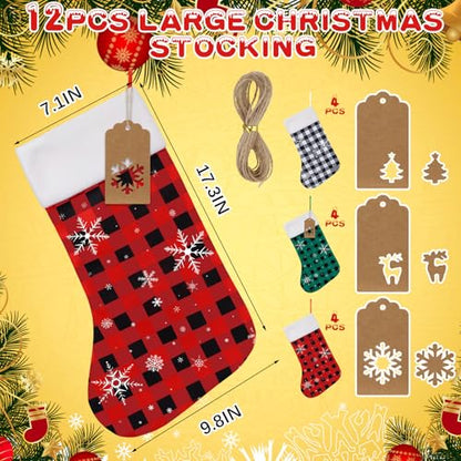 Christmas Stockings Bulk Set - Green, Red, White, 12 Pack, Cute Holiday Decor