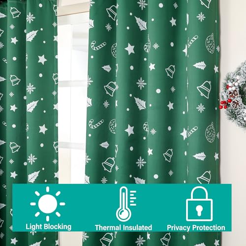 Green Xmas Curtains 52x84 Inches Pack of 2 Snowflakes & Stars Printed Blackout Window Drapes