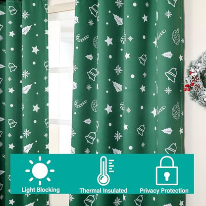 Green Xmas Curtains 52x84 Inches Pack of 2 Snowflakes & Stars Printed Blackout Window Drapes