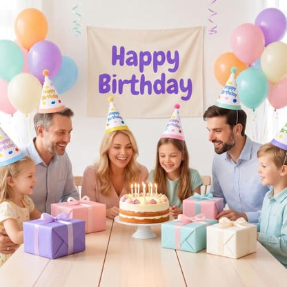 6 Pcs Colorful Birthday Hats for Adults with Fur Pom Poms - Party Supplies