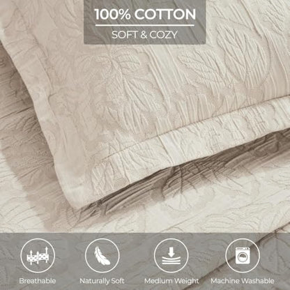 Oversized Cotton Bedspread Set - King / Beige - 3 Piece Decorative Bedding