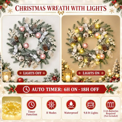 Elyum 20 Inch Christmas Wreath with Lights, Balls, Ribbon, Berries & Pine Cones - Front Door Holiday Decor