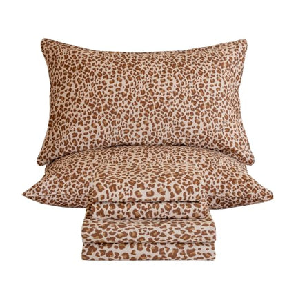 Queen 100% Cotton Leopard Sheet Set - Brown, Soft Breathable Bedding
