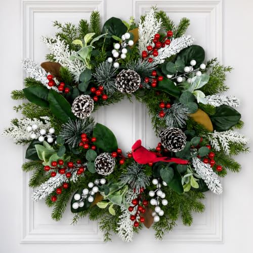 28-Inch Cardinal Winter Wreath with Berries for Front Door Christmas Decor