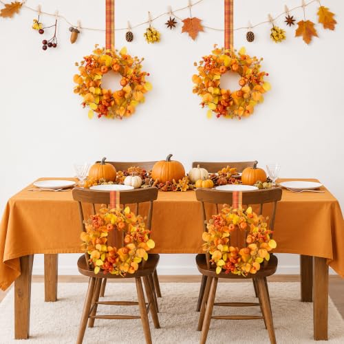 Thanksgiving Mini Eucalyptus Wreath Set - 2 Pcs Fall Decor with Plaid Ribbons