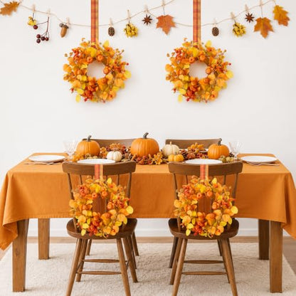 Thanksgiving Mini Eucalyptus Wreath Set - 2 Pcs Fall Decor with Plaid Ribbons