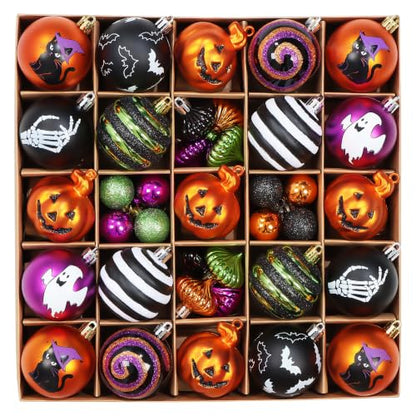 45pcs Halloween Tree Ornaments Set - Shatterproof Halloween Decorations with Jack-o'-Lantern, Bat, Ghost & Witches Hat Designs
