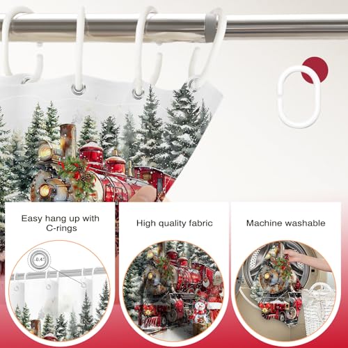 Christmas Shower Curtain Santa Train Snowman Winter Bath Decor 72x72 Inch - White Variation
