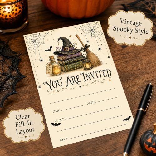Halloween Party Invitations - Witch Hat Potion Books & Broom - Fill In Cards with Envelopes - Books & Broom Variant