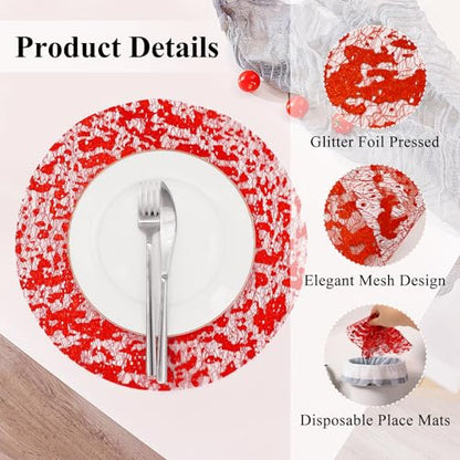 Red Disposable Placemats 13 Inch Glitter Metallic Mesh Round Table Mats for Dining & Events