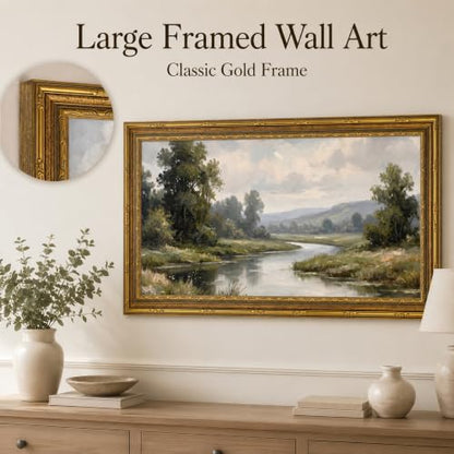 Large Framed Rustic River Landscape Wall Art - Vintage Countryside Scene, 20x40in - River / Framed / 20"L x 40"W