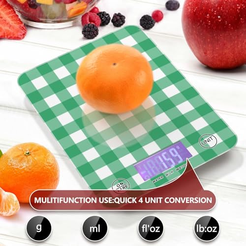 QwThum Food Scale Kitchen Digital Scale Food Ounces and Grams Dieting Baking Cooking Waterproof Glass Panels LCD Display,4 Units Scale Tare Function Gingham Green