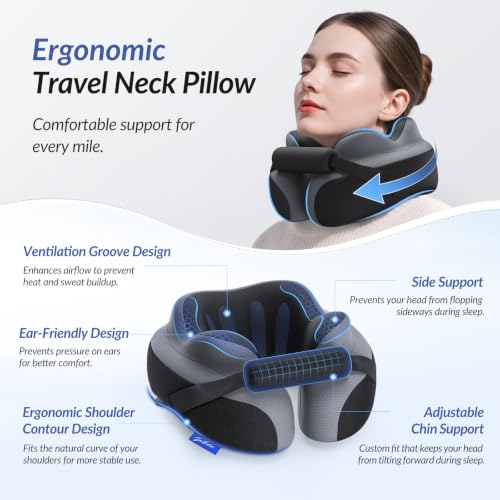 Travel Neck Pillow with Adjustable Chin Support Memory Foam for Airplanes