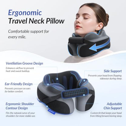 Travel Neck Pillow with Adjustable Chin Support Memory Foam for Airplanes
