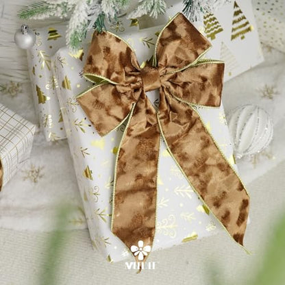 Brown & Gold Velvet Ribbon 2.5 Inch x 10 Yards Wired Christmas Gift Wrap