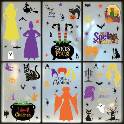 Hocus Pocus Window Clings Set - 9 Sheets, 70 Halloween Decals with Witch, Bats & Spiders - Variation of Hocus Pocus