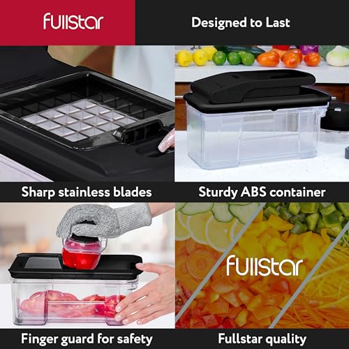 Fullstar All-in-1 Vegetable Chopper, Mandoline Slicer & Cheese Grater - French Fry Cutter & Veggie Dicer - Includes Bonus Handheld Spiralizer - Cook's Tool & Gadget Sets (6 in 1, Black)