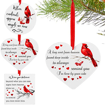 Memorial Christmas Ornaments Set - Red Cardinal Wooden Decorations for Grief Remembrance