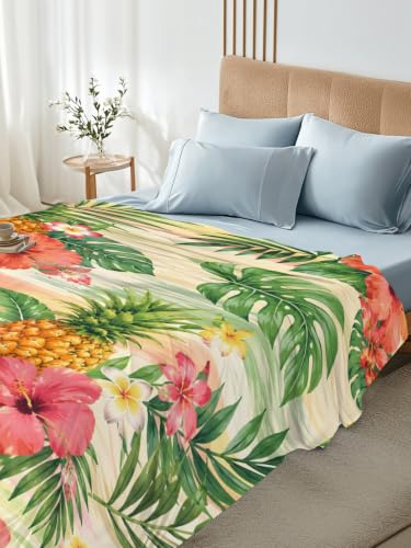 King Size Flat Sheet Only Summer Pineapple Flower Leaves Bed Top Sheet Microfiber Breathable Bedding - Lime, Coral