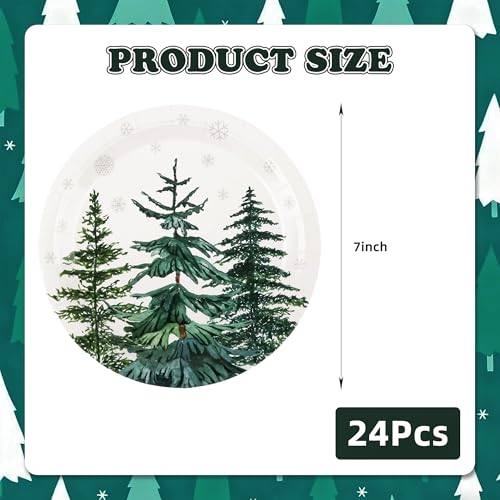 Christmas Trees Paper Plates - 7 Inch Xmas Tree Snowflake Party Dinnerware, 24 Pack - Pine Trees Variation