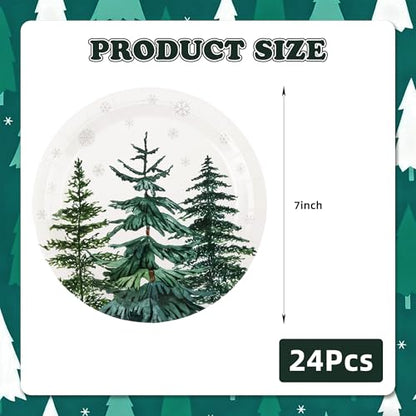 Christmas Trees Paper Plates - 7 Inch Xmas Tree Snowflake Party Dinnerware, 24 Pack - Pine Trees Variation