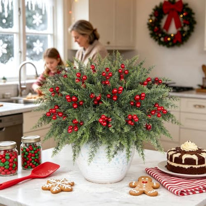 Artificial Christmas Norfolk Pine & Red Berry Stems - Green - 6 Bundles