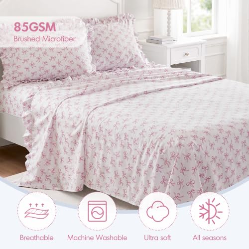 Full Sheet Set with Pink Bow Ruffle - 4 Piece Bedding Comforter Set