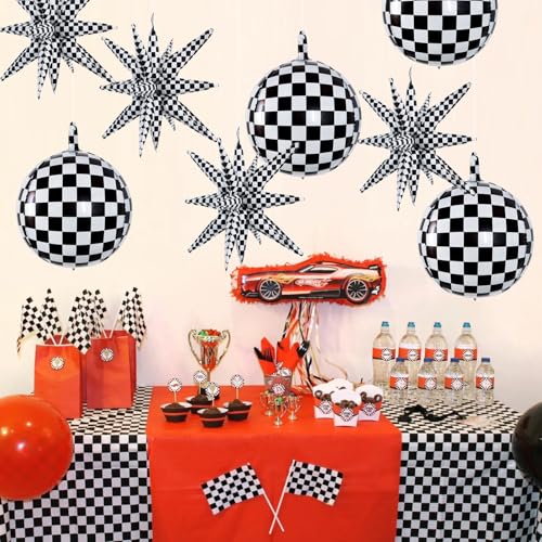 TONIFUL 8 Pack 22 Inch Black Checkered Large 4D Round and Star Foil Balloons Set - Party Decorations for Christmas, New Year, Birthday, Wedding