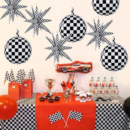 TONIFUL 8 Pack 22 Inch Black Checkered Large 4D Round and Star Foil Balloons Set - Party Decorations for Christmas, New Year, Birthday, Wedding