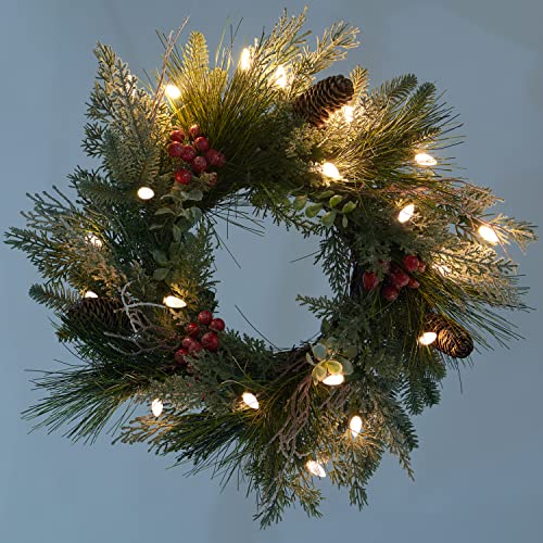 18-Inch Pre-lit Christmas Wreath with Battery-Operated LED Lights, Flocked Branches — Indoor & Outdoor Decor