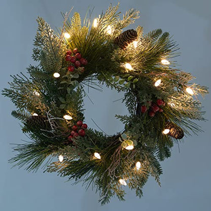 18-Inch Pre-lit Christmas Wreath with Battery-Operated LED Lights, Flocked Branches — Indoor & Outdoor Decor